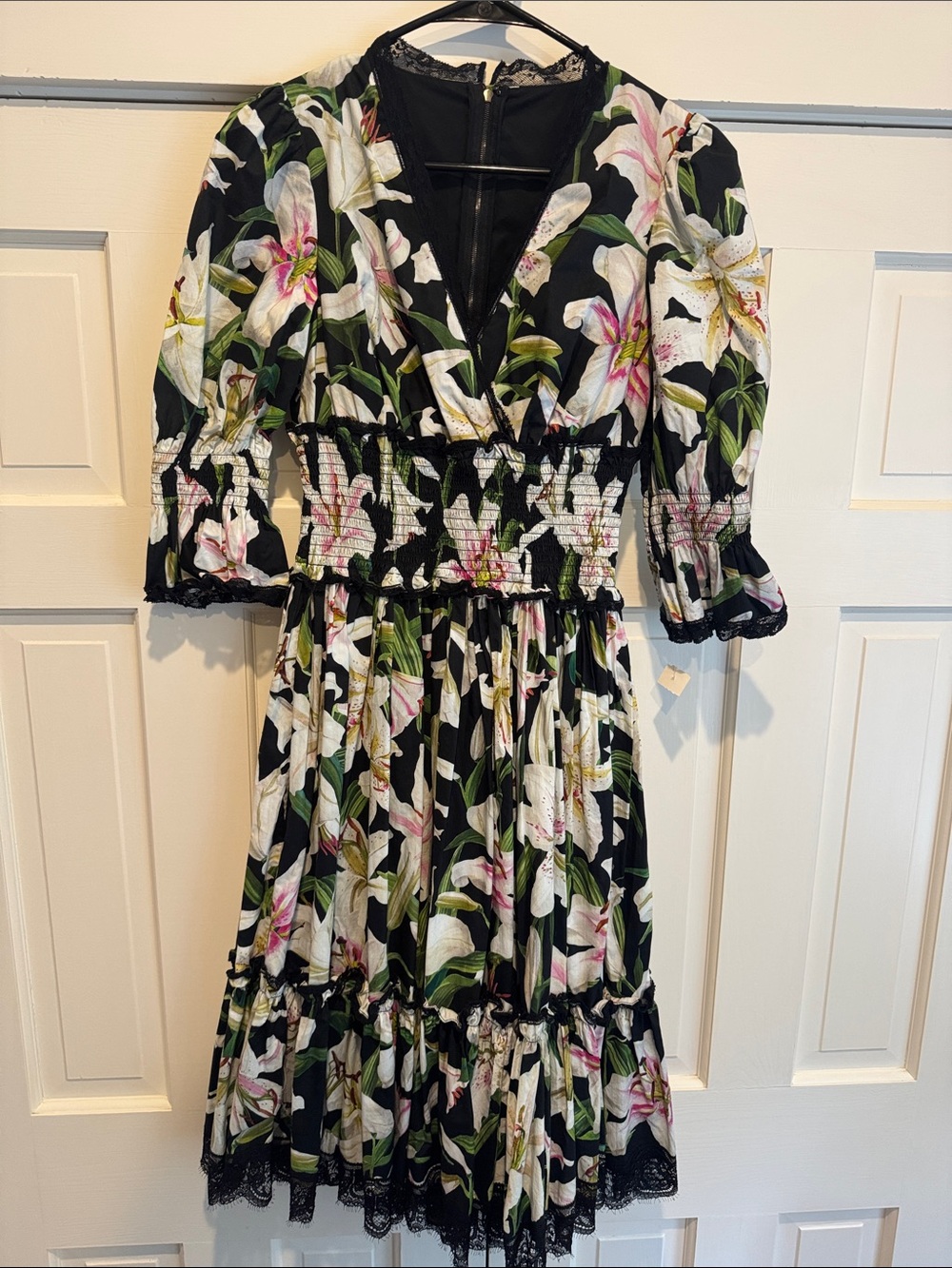 Dolce & Gabbana Black Floral Puff-Sleeve Midi Dress, Sz 40